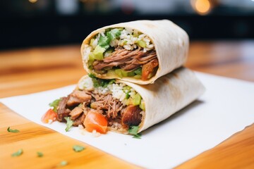 Sticker - side shot of a carnitas-stuffed grilled burrito