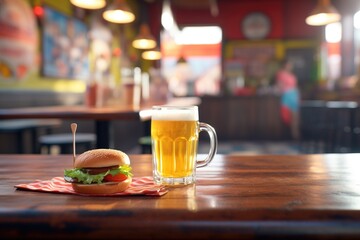 Sticker - cheeseburger, beer glass aside, pub atmosphere