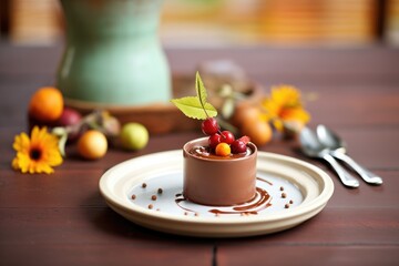 Canvas Print - chocolate mousse in a ceramic dish with hazelnut garnish