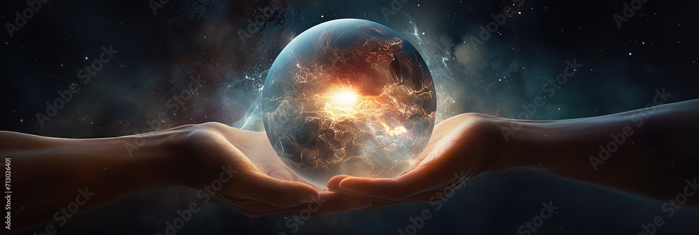 Two hands cradle a glowing planet against a star-studded space backdrop ...