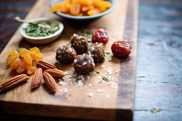 Sticker - close-up of assorted dates and nut balls on wooden board