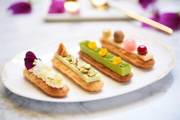 Wall Mural - eclairs assortment, focus on pistachio-flavored one