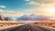 Highway Along The Mountains And Desert, Travel Concept Banner