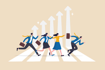 Wall Mural - Business challenge, growing to success, growth chart or career path, teamwork winning together, work improvement or leadership, motivation concept, business people running on growth arrow up chart.
