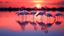 A Scene Of A Flock Of Flamingos Wading In A Shallow Pond