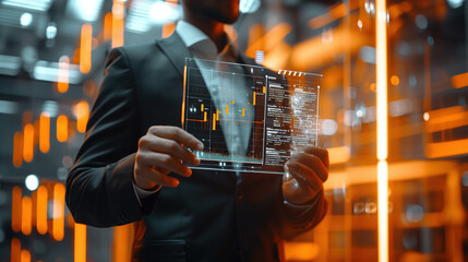 Businessman Analyzing Digital Financial Data on a Transparent Holographic Screen with AI and Big Data in Finance, Reviewing Market Trends on a Digital Interface in a High-Tech Background