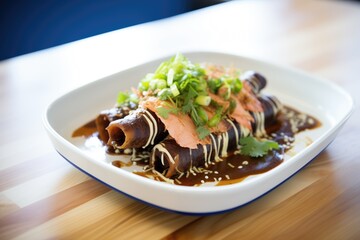 Poster - enchiladas coated in mole sauce on dish