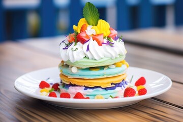 Sticker - rainbow-colored pancakes stack with whipped cream clouds