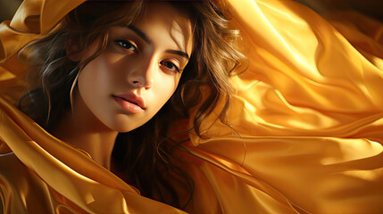 Closeup portrait of beautiful woman with gold sensual flowing silk cloth and natural sunlight. Generative AI