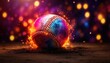 Leather baseball ball in a colorful explosion of fire energy and movement