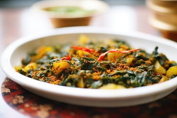 Sticker - decorative plating of saag aloo with paprika dusting