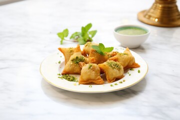 Canvas Print - plate of samosas with mint chutney on a marble table