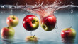 Falling apple into clear water . Red fruit in the water