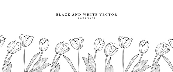 Wall Mural - Black and white minimalistic background with tulip flowers. Floral background, wallpaper, cover design, postcard