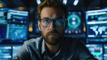 Portrait of a software developer immersed in coding, surrounded by computer screens