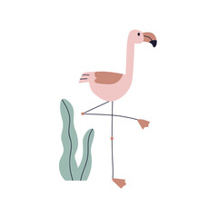 Wall Mural - Cute flamingo, pink bird in Scandinavian style. Exotic tropical feathered fauna. Funny African animal with beak, standing with raised leg. Flat vector illustration isolated on white background