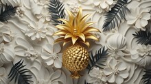 Golden Pineapple With 3D Flowers Highlighted In The Background, White Flower, Wedding Banner, Copy Space, Gold Leaves