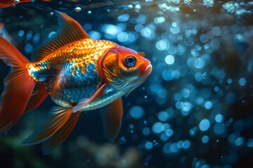 Wall Mural - Menacing futuristic goldfish , glowing elements on under the water. Generative AI