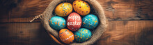Easter Eggs In Nest On The Dark Brown Wooden Table. Concept Of Postcard, Banner And Wallpaper.