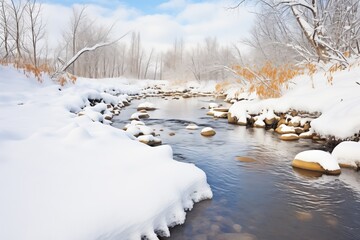 Poster - icy stream in winter with snowcovered banks