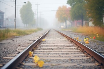 Poster - empty tracks, foggy morning, dewdrops