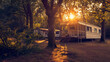 Mobile home in a French forest at Sunset. Ai Generative