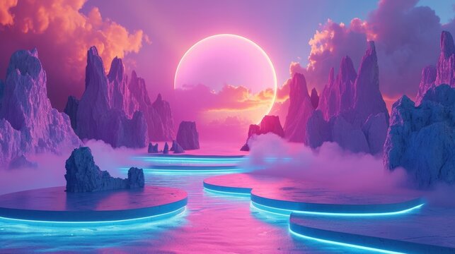 Surreal landscape with neon form in the water and colorful sand. Podium, display on the background of abstract shapes and objects. Fantasy world, futuristic fantasy image.