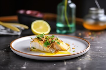 Sticker - cod with crispy skin beside lemon half on plate