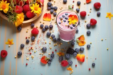 Poster - berry smoothie glass surrounded by scattered berries