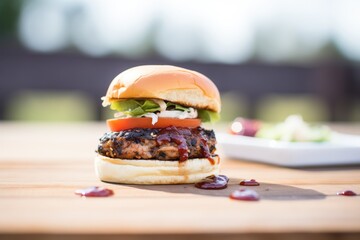 Sticker - smoked black bean burger with bbq sauce on bun