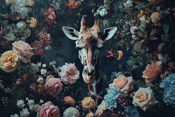 Wall Mural - Giraffe portrait with fresh flowers and leaves. Creative animal portrait. Generative Ai