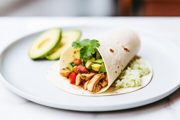 Poster - chicken burrito with avocado and rice on a white plate