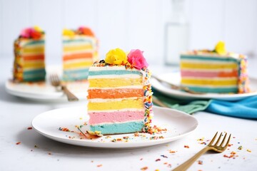 Wall Mural - rainbow layered cheesecake slices fan out on plate