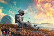 Man astronaut and dog on another planet in outer space. Galaxy abstract travel. Generative AI