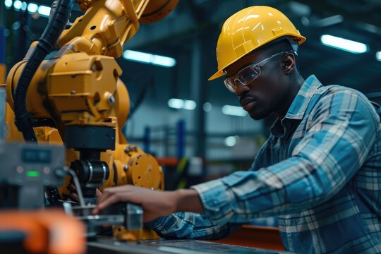 African American engineer working automatic robotic arm machine in factory. 