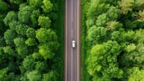 Aerial top view of highway road in the middle of green forest