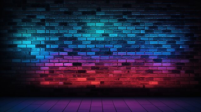 dark brick wall texture with purple and blue neon lights. Product mockup, retrowave style. 3d rendering,