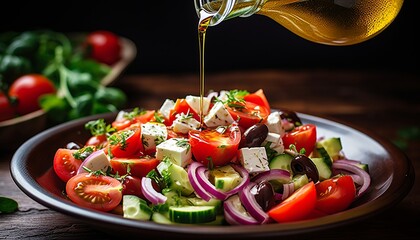 Canvas Print - Title fresh greek salad with vegetables and feta cheese being drizzled with olive oil