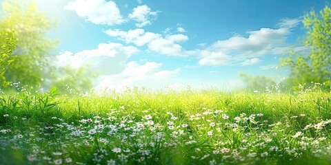 Wall Mural - green spring meadow with nature field grass in summer under sunny sky sun shining on flowers garden 