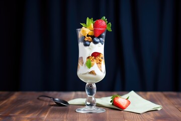 Poster - greek yogurt parfait assembled in a tall wine glass for an elegant dessert