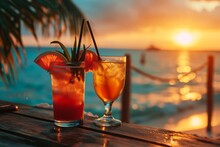 Summer Cocktails On Luxury Tropical Beach Resort At Sunset. Generative AI