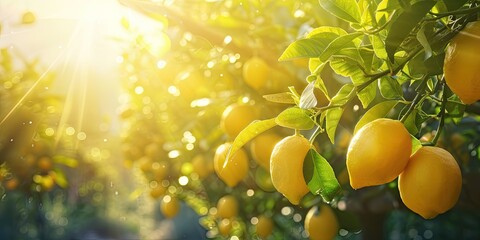 Wall Mural - Ripe lemons hanging from lush tree in sunny summer day showcasing fresh and organic agriculture vibrant yellow citrus fruits in natural growth healthy and juicy food options from green farm