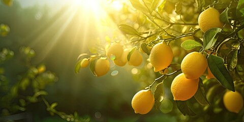 Ripe lemons hanging from lush tree in sunny summer day showcasing fresh and organic agriculture vibrant yellow citrus fruits in natural growth healthy and juicy food options from green farm