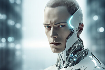Wall Mural - ai generated image of futuristic personage human face robot cyborg innovation