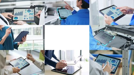 Aufkleber - Collage videos of people using tablet PC in various situations. Scaling transition from white background.