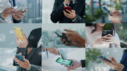 Aufkleber - Collage videos of people using smartphones in various situations and digital technology concept.