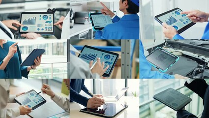 Aufkleber - Collage videos of people using tablet PC in various situations.