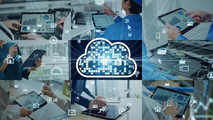 Poster - Collage videos of people using tablet PC in various situations and cloud computing concept.