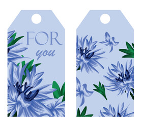 templates of two floral tags for business and typography with open buds of blue spikelets, closed buds of green leaves and text on a blue background, vector