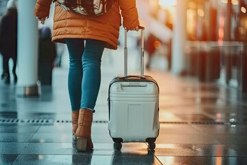  Traveler with suitcase ready for vacation journey business young woman in fashion holding to holiday adventure modern city background walking towards flight transportation
